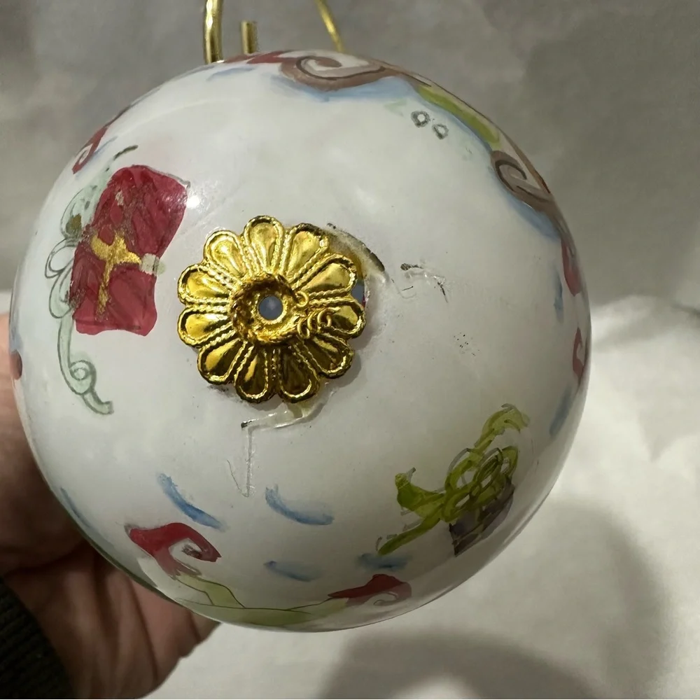 Pier 1 Glass Ornament Painted Li Bien Multicolor Christmas Elves Sleigh Red